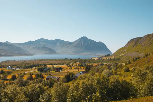 Sommerliche Lofoten-Landschaft mit Höfen, Fjord und Bergketten unter klarem Himmel